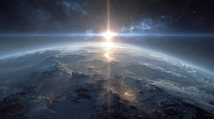 Wall Mural - A breathtaking sunrise illuminates Earth's curvature as seen from space. The horizon glows with warm light, contrasting against the dark cosmos, revealing the planet's features.