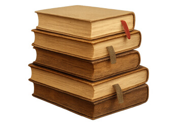 Poster - Five old books with bookmarks are stacked, showcasing a vintage aesthetic against a transparent background