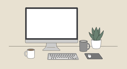 Poster - Minimalist desk setup with computer, keyboard, mouse, plant, and coffee mugs