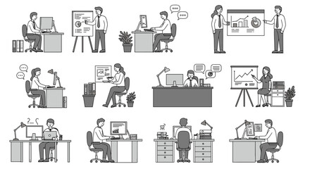 Poster - Monochrome Illustrations of Office Workers Presenting Data and Working at Desks