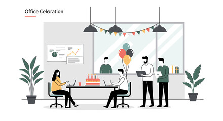 Poster - Office Celebration: Colleagues Gather Around Birthday Cake and Balloons