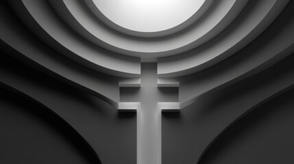 Poster - Curved architectural lines converge towards a geometrical cross, creating a striking contrast in soft lighting. This minimalistic space evokes a sense of calm and reflection.