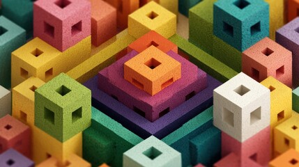 Poster - A lively composition of foam blocks in various colors and shapes creates an intricate geometric design. The blocks are stacked and arranged meticulously, showcasing artistry and creativity.
