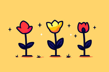 Poster - Three stylized flowers with red and yellow petals, dark leaves, and sparkling stars