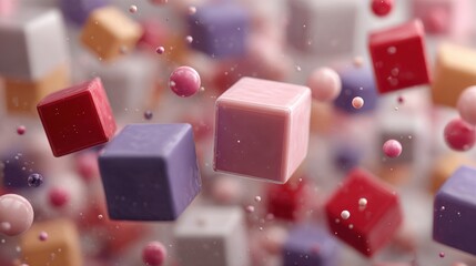 Poster - Floating cubes in various pastel shades mingle with spheres, creating a captivating abstract composition. The dynamic arrangement evokes a playful atmosphere filled with color and light.