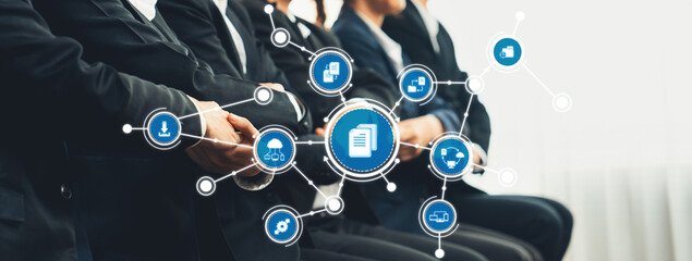 Poster - Panoramic banner business team sitting in line and join hand together symbolize successful business partnership and professional synergy for job employment, HR agency recruitment concept. Shrewd Amity