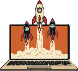 Poster - Rocket Launching from Laptop Screen Technology Startup Business Innovation Concept Vector Illustration