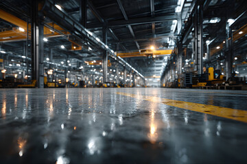 Wall Mural - modern factory interior with polished floor, machinery, and overhead cranes.