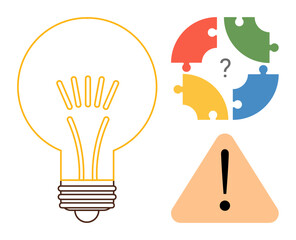 Poster - Lightbulb, colorful puzzle pieces with a question mark, and a warning triangle with an exclamation point. Ideal for innovation, creativity, problem solving, caution, brainstorming, decision-making