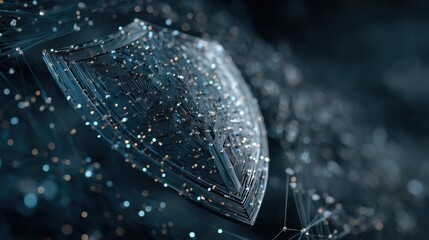 Poster - A detailed visualization of a shield symbolizing digital security is surrounded by luminous data connections. The backdrop emphasizes a technological atmosphere and innovation.