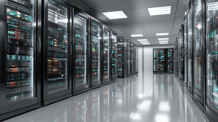Poster - Inside a sleek data center, rows of servers stand aligned, showcasing illuminated components against a clean, reflective floor. The space is bright with overhead lights, enhancing the futuristic feel.
