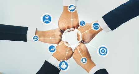 Poster - A powerful visual representation of teamwork and collaboration, featuring diverse hands joining together with digital icons symbolizing innovation, strategy, and success. Amity