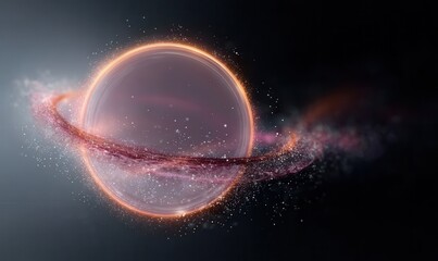 Poster - Glowing sphere with orange ring and pink particle trail abstract render