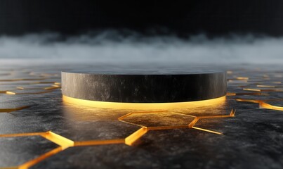 Poster - Dark platform with gold hexagonal pattern and smoke