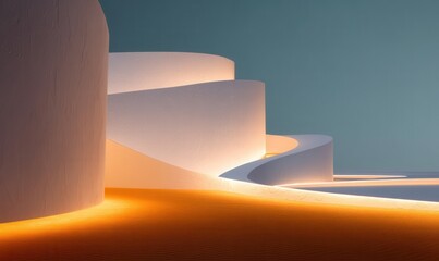 Poster - Minimalist white structures glow on orange sand under diffused light