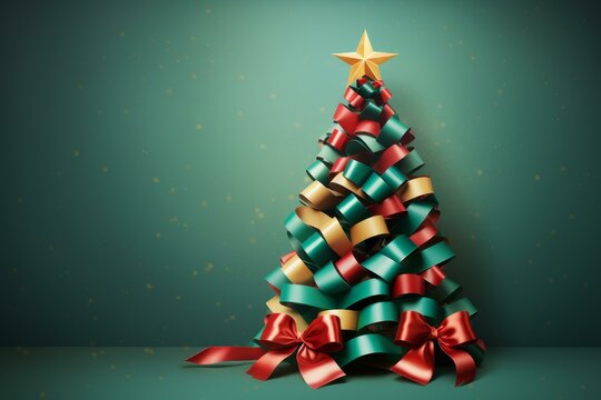 Christmas tree made of curled ribbons with red bows and a gold star against a teal background