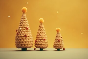 Poster - Three knitted christmas trees of different sizes decorated with small pompoms and red and white baubles stand on a light blue surface against a yellow background with small lights