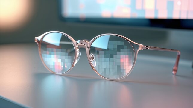 Stylish eyeglasses resting on a desk overlooking a softly lit digital display in a modern workspace