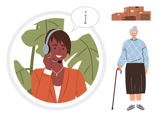 Poster - Customer support agent with headset providing assistance, elderly woman with cane, stack of boxes. Ideal for customer service, communication, elderly support, logistics, caregiving, technology