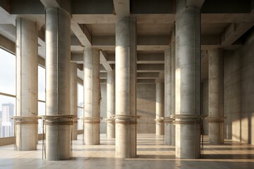 Poster - Sunlight illuminating empty concrete industrial building with pillars and large windows overlooking a cityscape