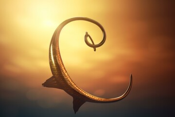 Poster - Golden fish tail forming a c shape against a vibrant sunset sky, creating a surreal and artistic composition