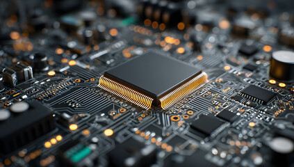 Poster - Close-up of circuit and computer motherboard on a high-tech background.