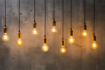 Poster - Hanging light bulbs shining against a concrete wall create a warm, inviting atmosphere