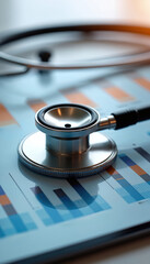 Aufkleber - Stethoscope rests tablet screen displaying medical data charts. Healthcare info tech concept. Modern technology healthcare diagnosis analysis, treatment, patient support, information. Digital medical