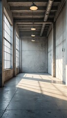 Poster - Spacious industrial warehouse interior bathed natural sunlight. Large windows, concrete flooring. Empty room with high ceilings, open design concept. Urban blank space for rent, lease or business.