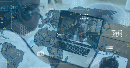 Poster - Businessman launching virtual call and jotting analysis notes as map overlay populating regions