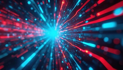 Leinwandbilder - Abstract digital illustration featuring bright blue and red lines. Dynamic composition creates futuristic tech data visualization. Network, connection, speed, innovation, cyber security tech concept.