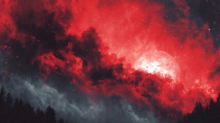 Wall Mural - A striking view features dramatic red clouds swirling across the sky, with a bright moon shining through. The dark silhouettes of trees frame the breathtaking landscape at dusk.