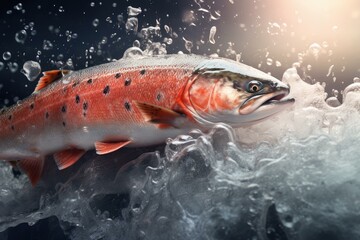Poster - Salmon leaping from clear water with sparkling droplets, creating a dynamic and refreshing scene