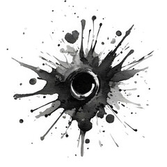 Poster - A powerful black ink splatter featuring a central circle isolated on transparent background, perfect for artistic and design applications