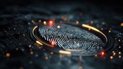 Poster - A close-up view displays a digital fingerprint pattern highlighted against a dark, high-tech background. Glowing lights and textures create a futuristic atmosphere.