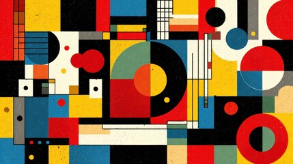 Poster - A vivid abstract composition features a harmonious blend of geometric shapes and colors. Circles, squares, and lines interact in a dynamic arrangement, creating visual interest.