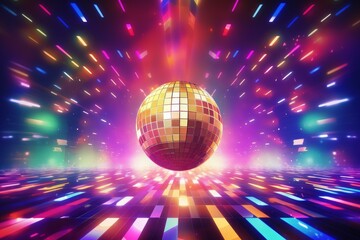Poster - Golden disco ball hovering over vibrant, colorful dance floor with motion blur and light trails, creating energetic party atmosphere
