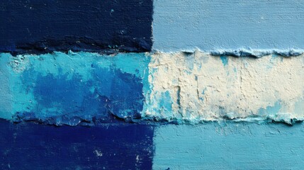 Poster - A close-up view reveals multiple layers of blue paint on a textured surface. The colors range from deep navy to pale sky blue, showing wear and artist's technique under soft light.