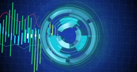 Poster - Opening glowing turquoise ring expanding, rotating rising bars weaving line graphs visualizing data
