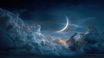 Wall Mural - A crescent moon illuminates the dark sky, surrounded by fluffy clouds and twinkling stars. The serene night landscape enhances the enchanting atmosphere of the moment.