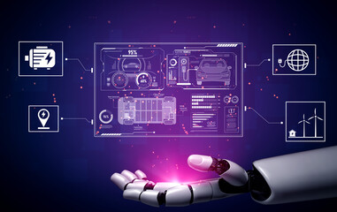 Poster - AI-Assisted Electric Vehicle and Energy Management System. Smart interface showing electric vehicle performance, battery system, and integration with renewable and grid-based energy sources Vouch
