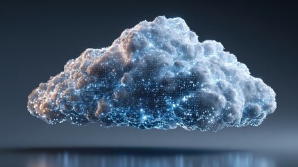 Fototapete - A digital representation of a cloud floats in mid-air, illuminated by sparkling lights. The cloud appears intricately detailed and creates a mesmerizing effect against a dark backdrop.