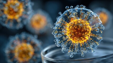 Poster - Brightly colored microbial structures float above a clear surface, revealing intricate details and forms. This captivating scene highlights the complexity of microscopic life in a lab environment.
