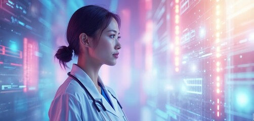 Aufkleber - Female medical expert interacts futuristic tech interface. Healthcare innovation. Digital healthcare concept. AI in medicine, modern innovations in biotechnology. Hologram, glowing light on purple