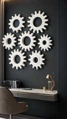 Poster - Artistic gears adorn the wall of this stylish office, creating a unique focal point that enhances the modern workspace's aesthetic