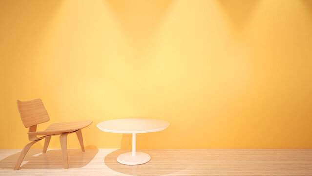Abstract yellow wall and waiting chairs with center table for text or graphics, 3D rendering