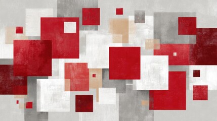 Poster - This artwork features a vibrant composition of red, white, and gray squares arranged in a geometric pattern. The design combines soft and bold colors, creating a striking visual impact.