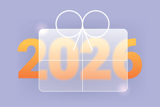 2026 gift box glass morphism label design. New Year vector icon