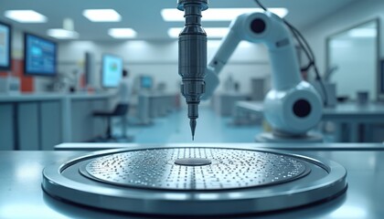 Aufkleber - Modern chip manufacturing process clean room. Robotic arm places microchip on circuit board. Automated production, advanced technology, innovative digital design. High tech industry equipment.
