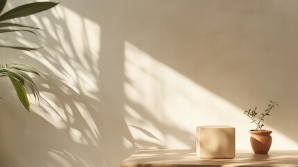 Poster - Soft sunlight casts delicate shadows over minimalist decor featuring a small plant and a cube-shaped object on a wooden table